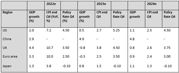 RLAM forecasts except 2022 policy rate (for which the source is Bloomberg). Note: US policy rate is the upper end of the Fed Funds target range. euro area policy rate is the refi rate.