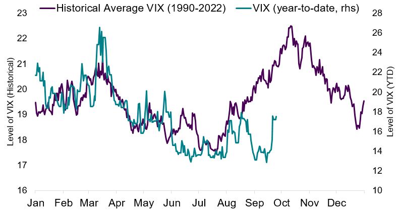 Image shows the volatility index (VIX) year to date versus the historical average VIX from 1990 to 2022