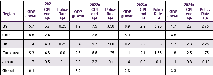 Table shows economic data and forecasts from 2021 - 2024 for GDP growth, CPI and policy rate across different regions