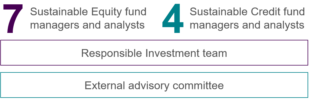 Image depicts team structure which includes 7 Sustainable Equity fund managers and analysts, 4 Sustainable Credit fund managers and analysts, Responsible Investment team, External Advisory committee